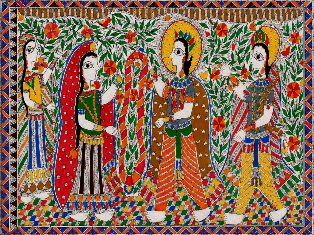 Traditional Mithila Painting featuring colorful folk art, floral patterns, and women in Madhubani style